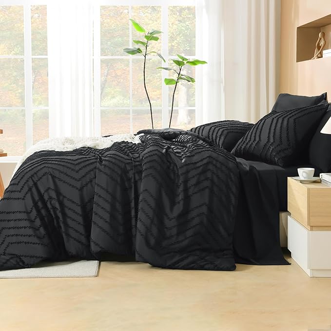 Litanika California King Comforter Set with Sheets Black - 7 Pieces Bed in a Bag Cal King Boho Tufted Complete Bedding Sets with Comforter, Sheets, Pillowcases & Shams