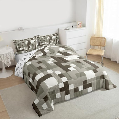 Miners Pixel CheckedComforter Set King Size,Cartoon Gamepad Video Games Kids Bedding Set,Geometric Grid Patchwork Quilt Comforter,Gray White Duvet Insert,2 Pillowcases