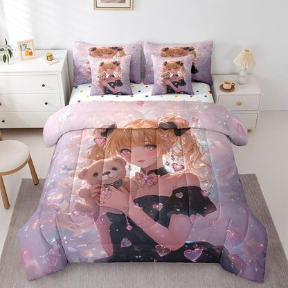 Erosebridal Bow Girls Bedding Set Pink Kawaii Cartoon Anime Kids Twin Comforter Set 7 Piece,Romantic Aesthetic Princess Bed in A Bag Japanese Style Girl Bed Set