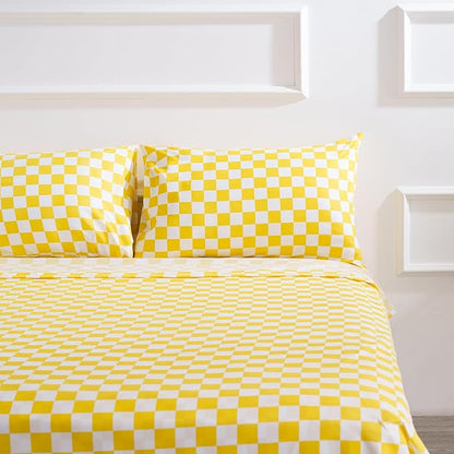 Best Season Bed Sheet Set 4 Piece -Full Size-Soft Durable Microfiber Bedding Sheet Set,Deep Pocket,Stain,Fade & Wrinkle Resistant Green and White Checkerboard Grid(Plaid Yellow&White)