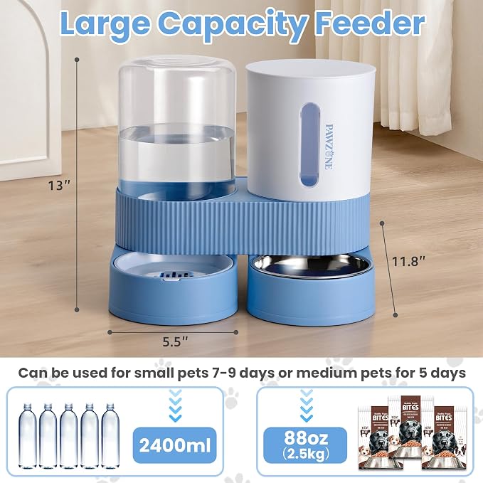 Automatic Cat Feeder Stainless Steel Water Dispenser Gravity Food Feeder and Waterer Set with Pet Food Bowl for Small Medium Kitten Puppy Pets Large Capacity(Blue)