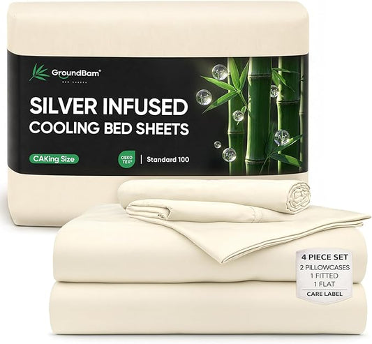 Silver Infused Bed Sheets Set, Temperature-Regulating Fabric with Self-Cleaning Technology for 3X Freshness Sleep (OffWhite, Caking)