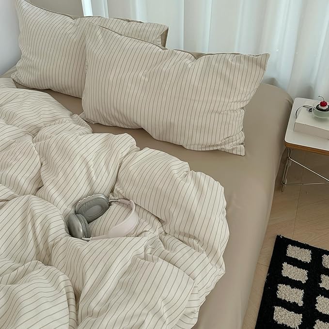 Nayoroom Brown Striped Duvet Cover Queen Size 100% Washed Cotton Duvet Cover Linen Like Textured, Reversible 3 Pieces Soft Breathable Yarn-Dyed Stripe Girls Dorm Bedding Set for All Seasons