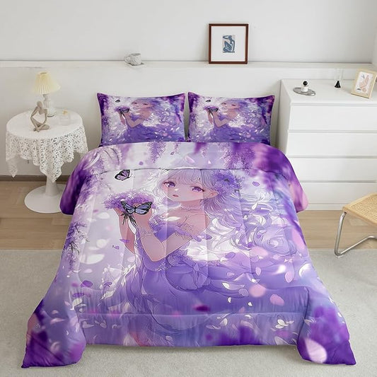 Erosebridal Cute Kawaii Anime Girl Bedding Set Japanese Style Anime Kids Down Comforter Cartoon Print Queen Comforter Set Purple Romantic Flower Butterfly Bed Set 2 Pillow Cases