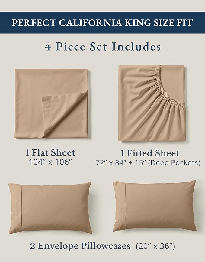 LANE LINEN 100% Organic Cotton California King Sheets Set, 4-Piece Organic Cotton Percale Weave Ultra Soft & Comfy Machine Washable Mercerized Bed Sheets, Fits Mattress Upto 15" Deep - Taupe