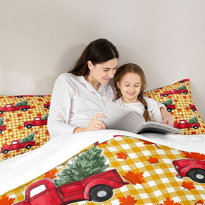 Erosebridal Christmas Comforter Set Queen, Red Truck Down Comforter, Xmas Tree Maple Leaves Bedding Set, Yellow Lattice Grid Bedding Comforters & Sets, Autum Quilt Set for Kids Teens Bedroom Decor