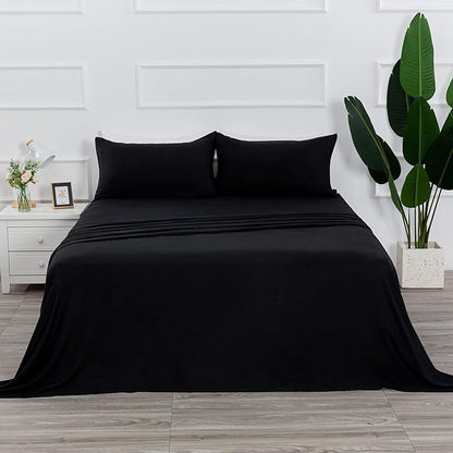 4 Piece Bed Sheet Set (Queen,Black) 1 Flat Sheet,1 Fitted Sheet and 2 Pillow Cases,Brushed Microfiber Luxury Bedding with Deep Pockets