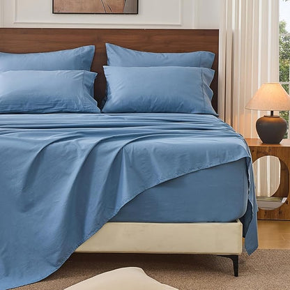 Bedlifes 100% French Linen Sheets California King Size 18-24" Extra Deep Pocket 4-Piece Set Breathable & Moisture-Wicking,Soft & Durable Sheets for Thick Mattresses(Flint Blue)