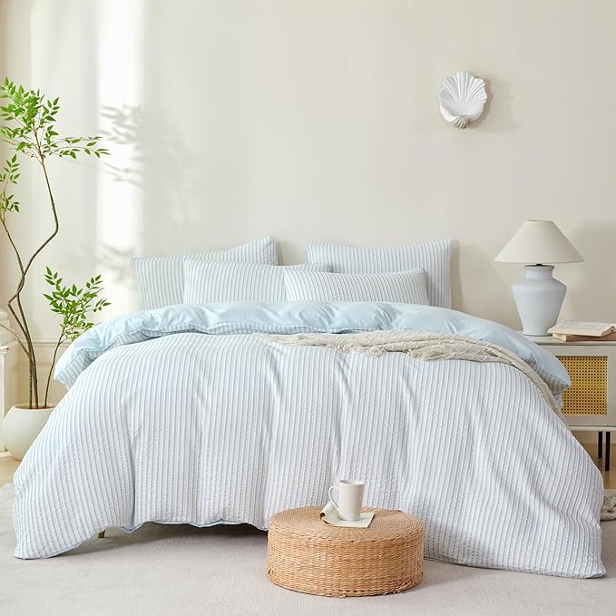 Comforter King Set Light Blue Striped Soft Luxury Washed Microfiber Jacquard 3 Pieces Bedding, Light Blue Vertical Ticking Stripes Pattern Comforter with 2 Pillowcases Breathable Durable Comfy
