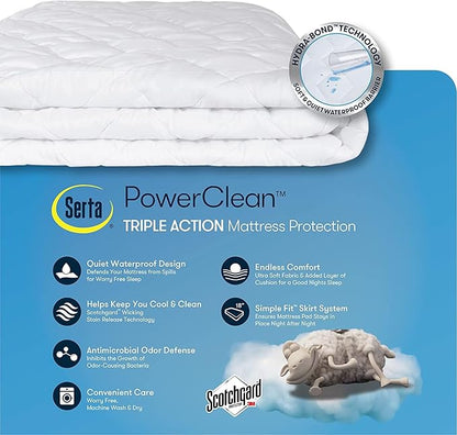 SERTA Power Clean Triple Action Quilted Soft Waterproof Mattress Pad Protector, Moisture Wicking Protection with 15" Deep Pocket, Twin XL, White