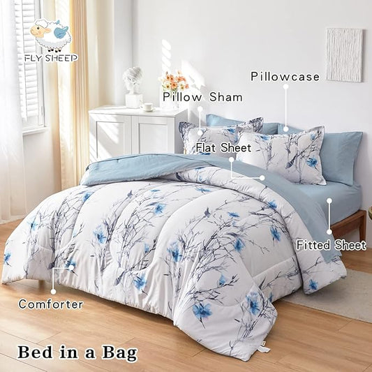 7 Piece Bed in a Bag Queen Comforter Set with Sheets, Blue Flower Branch on White Botanical Bedding Sets for All Season (1 Comforter, 2 Pillow Shams, 1 Flat Sheet, 1 Fitted Sheet, 2 Pillowcases)