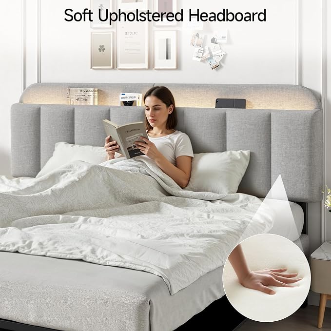 King Size Adjustable Headboard, Upholstered Headboard with Storage, APP Controlled LED Light, Padded Head Board Only, Sturdy Metal Foot Frame, Vertical Channel Design for Bedroom, Grey