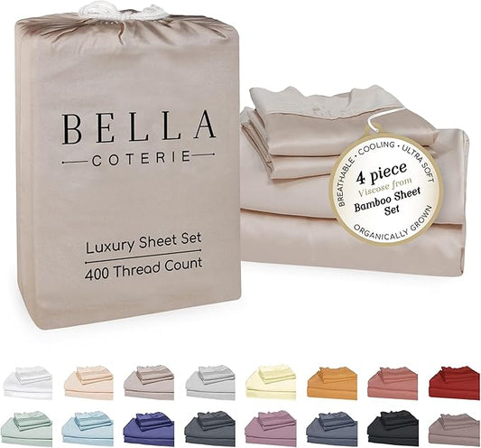 Bella Coterie Luxury Bamboo Viscose King Size Sheet Set | 100% Organically Grown | Ultra Soft | Cooling for Hot Sleepers | 18" Deep Pocket [Dune]