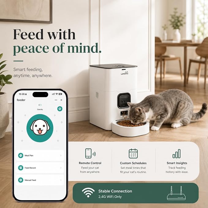 Smart Automatic Cat Feeder with App Control, 4L Timed Dry Food Dispenser, Up to 10 Meals per Day, 10-Second Voice Recorder, Dual Power Supply, for Cats & Small Dogs