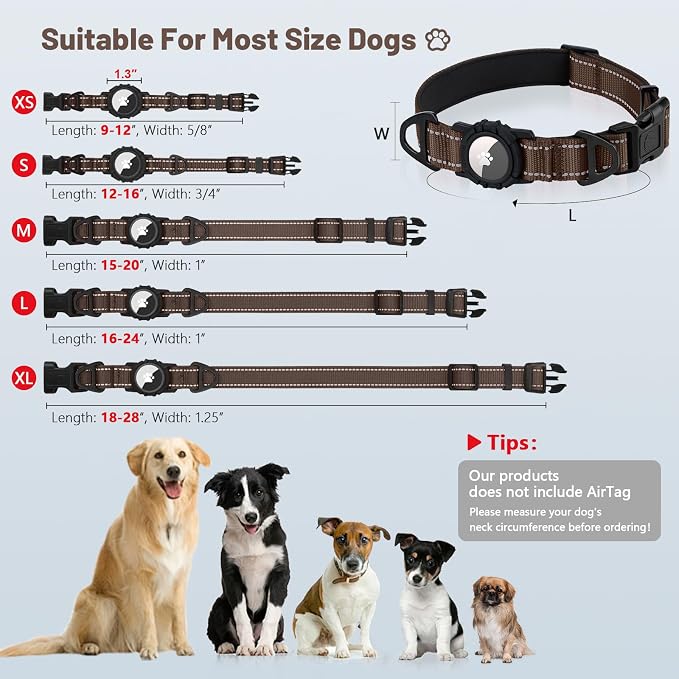 Taglory AirTag Dog Collar with Waterproof Holder for Large Dogs, Brown, XL | Reflective for Night Walks & Low-Light Safety, Track Your Pup Peace of Mind, Adjustable Soft Padded, No More Dangling Tags