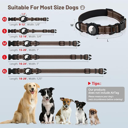 Taglory AirTag Dog Collar with Waterproof Holder for Small Dogs, Brown, S | Reflective for Night Walks & Low-Light Safety, Track Your Pup Peace of Mind, Adjustable Soft Padded, No More Dangling Tags