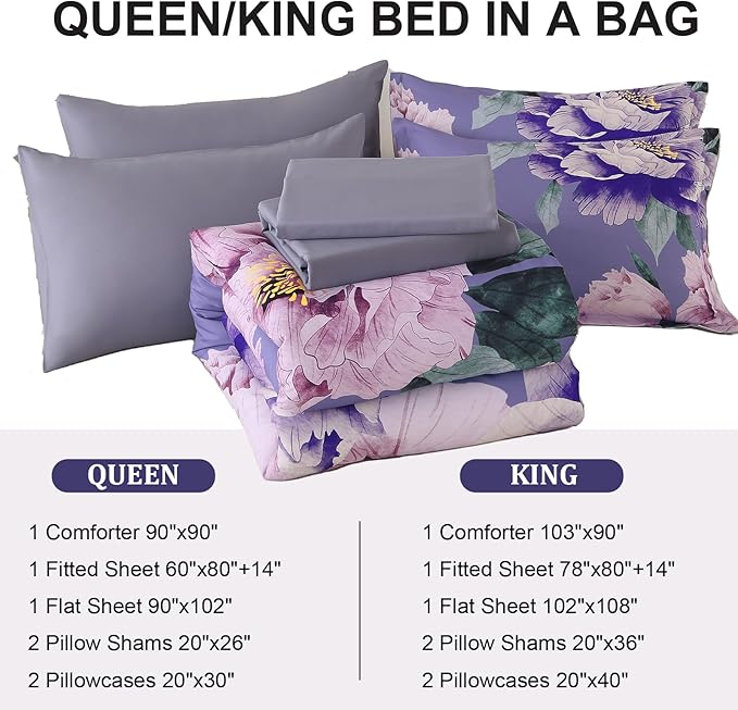 Dobuyly Floral Comforter Set King Size 7 Piece Bed in a Bag, Purple Pink Flower Comforter Set with Sheets, Soft Microfiber Botanical Flower Bedding Set for All Season