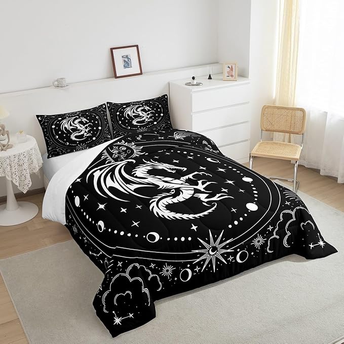 Black White Dragon Comforter Set Queen Size,Sun Moon Stars Cloud Galaxy Bedding Set for Kids Girls Boys Teens Room Decor,Western Magical Boho Style Duvet Insert,Exotic Luxury Quilt Set,2 Pillowcases