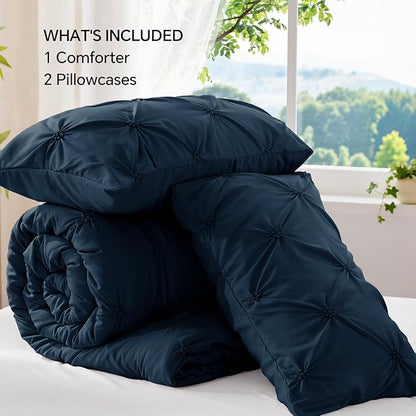 BEDELITE Navy Queen Comforter Set - 3 Pieces Boho Pintuck Bedding Comforter Sets, Lightweight Soft & Warm Bed Comforter Queen with 2 Pillowcases for All Season