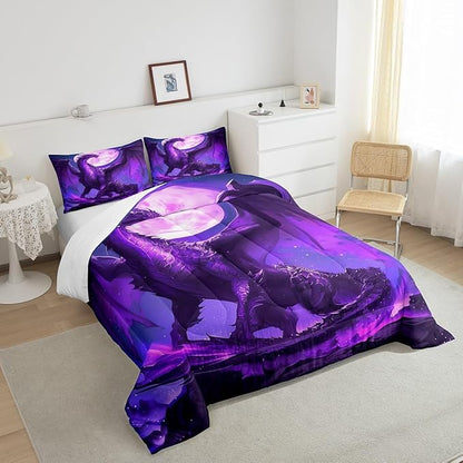 Purple Dragon Comforter Set Queen Size,3D Moon Starry Sky Glitter Bedding Set for Kids Boys Girls Room Decor,Flying Magical Dragon Trippy Duvet Insert 3Pcs,Wild Animal Print Quilt Set,2 Pillowcases