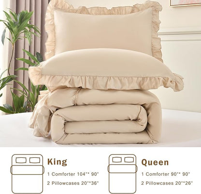 Cupocupa Beige Full Comforter Set, 3Pcs Ruffle Farmhouse Bedding Sets with Comforter & Pillowcases, Soft Shabby Chic Lightweight Fluffy Comforter Set for All Season Bedroom Decor (Beige, F)