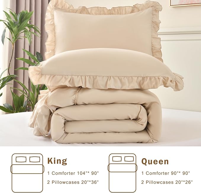 Cupocupa Beige Queen Comforter Set, 3Pcs Comforters Ruffle Farmhouse Bedding Sets Queen with Comforter, Lightweight Soft Shabby Chic Bedding Comforter Set Fluffy for All Season
