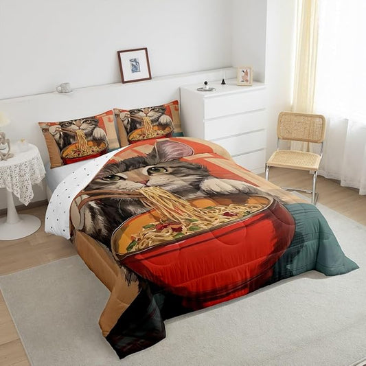 Erosebridal Cat Quilt Insert Toddler Size Noodles Bedding Set for Kids Boys Girls Bowl Food Kawaii Cute Kitten Red Grey Comforter Warm Soft Comforter Set