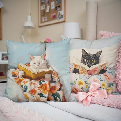 Funny Cat Reader Book Pillow Cover 18 x 18 Set of 2, Reading Nook Corner Decor, Gifts for Book Lovers, Preppy Floral Black White Cats Bookish Pillowcase（001）