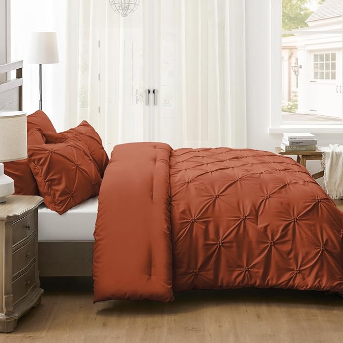 UNIKOME Queen Comforter Set Burnt Orange - Ultra Soft Boho Pintuck Down Alternative Bedding Set for All Seasons, 3 Pieces Lightweight Warm Pinch Pleat Bed Set with Comforter, 2 Pillowcases