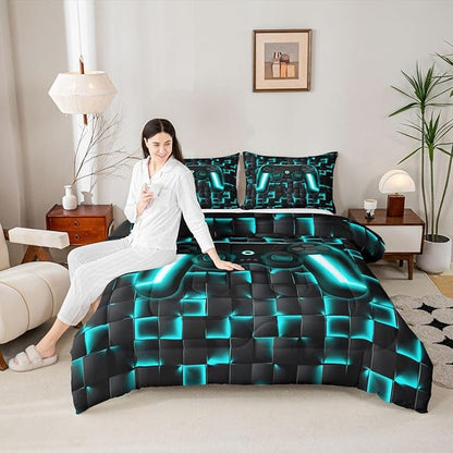 Erosebridal Gaming Bedding Set King Comforter Set for Boys Kids Geometric Gamer Bedding Sets Teal Black Ombre Checkered Gamepad Quilt Duvet Neon Game Console Bed Cmforter Set 3 Pcs