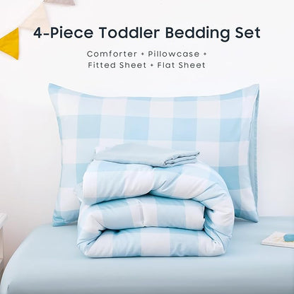 Wake In Cloud - Gingham Toddler Bedding Set for Girls Boys, Cute Plaid Buffalo Check, 4 Pieces Soft Crib Bed Set Including Comforter, Sheets and Pillowcase, Light Blue