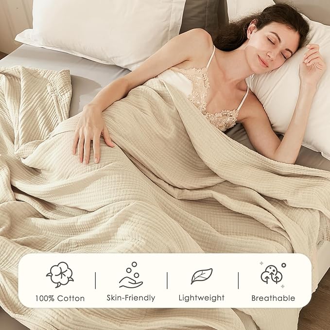 EMME Cotton Blanket King Size for Bed Soft Muslin Blankets 108"x90" Light Tan Lightweight Breathable Layering Bedspread Coverlet All Season Gauze