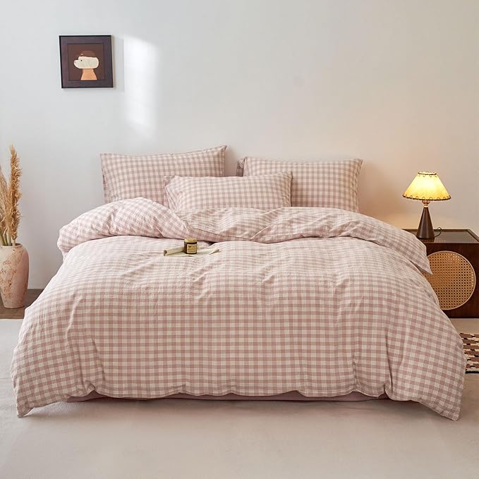 Pink Gingham Queen Duvet Cover Washed Cotton Boho Comforters Queen Size Cover Checkered Plaid Lightweight Cute Duvet Cover Set with Hidden Zipper Cozy Teen Bedding Set for Girls Duvet Protector