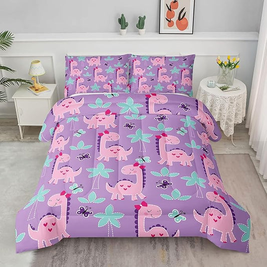 Axolotl Cute Dinosaur Comforter Set Queen Size,Girls Bedding Cartoon Dinosaur Bedding Set for Girls Teens Kids Boys Adults Room Decor,Kids Comforter Set All Season,1 Quilt 2 Pillow Cases,Purple