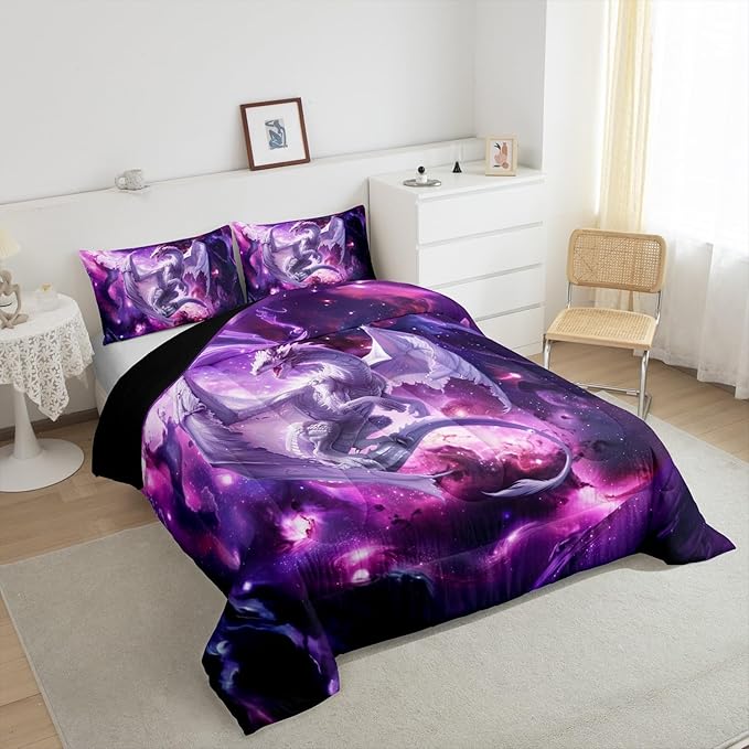 Dragon Galaxy Bedding Set Full Size,Western Magical Wildlife Comforter Set for Kids Boys Teens Adults Room Decor,Outer Space Animal Duvet Insert 3Pcs,Star Glitter Fantasy Quilt Set,2 Pillowcases