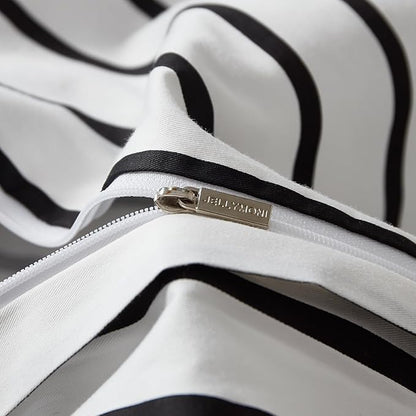 JELLYMONI 100% Natural Cotton 3pcs Striped Duvet Cover Sets, White Duvet Cover with Thick Black Stripes Pattern Printed Comforter Cover, with Zipper Closure & Corner Ties(Full Size)