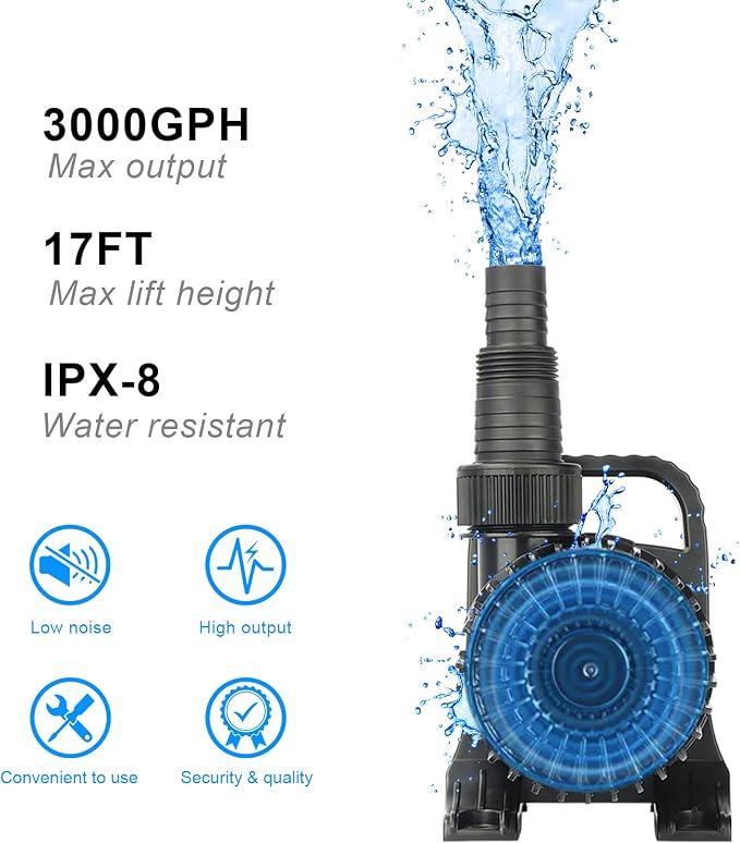 3000 GPH 155W IPX8 Submersible Pond Waterfall Pump | 32.8FT long power cord, smart quiet fountain pump for Koi fish, garden yard duck outdoor use, comes with barrier filter bag