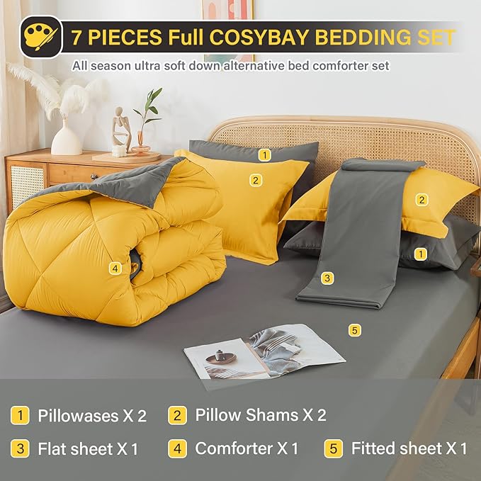Cosybay Bed in a Bag Full Reversible Comforter Sets 7pcs All Season Down Alternative Bedding Sets Yellow and Grey with Comforter, Pillow Shams, Flat Sheet, Fitted Sheet and Pillowcase