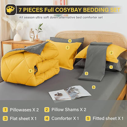 Cosybay Bed in a Bag Full Reversible Comforter Sets 7pcs All Season Down Alternative Bedding Sets Yellow and Grey with Comforter, Pillow Shams, Flat Sheet, Fitted Sheet and Pillowcase