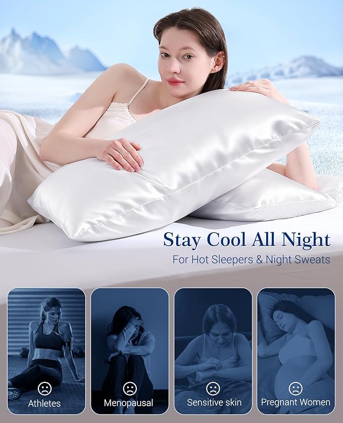 Elegear Cooling Pillow Cases for Hot Sleepers, Upgraded Arc-Chill Cooling Satin Pillowcase Q-max>0.5, Silky Satin Pillowcase for Hair & Skin, Luxury Zipper Pillowcase Cover Set of 2-Standard,White