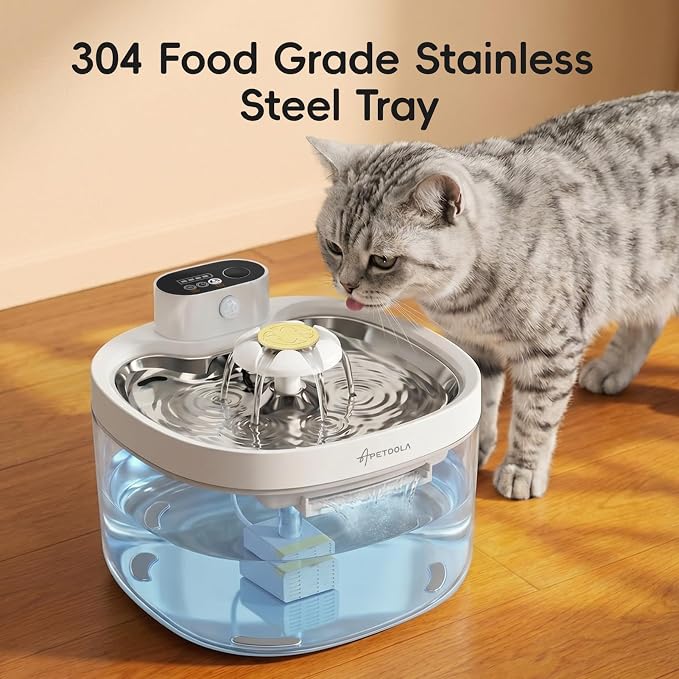 Wireless Cat Water Fountain 95fl-oz/2.8L Cat Fountain,Stainless Steel Tray,Rechargeable Pet Drinking Fountains for Cats and Dogs(Cat Fountain+3 Filters)
