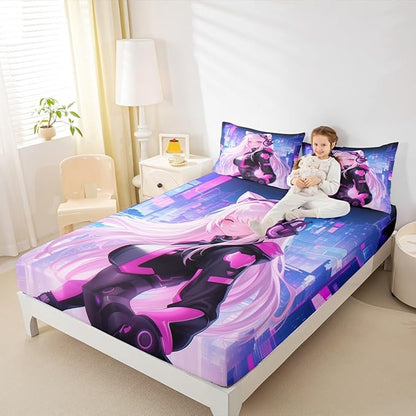 Erosebridal Full Anime Girl Bed Sheets 3 Piece, Kawaii Japanese Anime Bedding Set Cartoon Girl Fitted Sheet Sci Fi Style Japanese Animation Sheets for Kids Girls Teens Adult Room