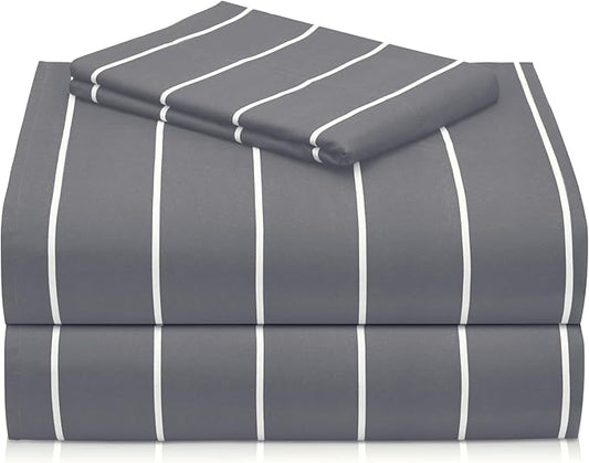 LuxClub Striped Sheets, 3 PC Striped Bed Sheets Twin Size for-Boys-and-Girls-Deep Pockets 18" Eco Friendly Wrinkle Free-Kids-Fitted Sheets Machine Washable Hotel Bedding (Twin, Light Grey)