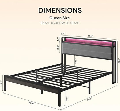 LIKIMIO Queen Bed Frame with Storage Headboard and LED Lights, Metal Platform Bed with Charging Station, Noise Free, No Box Spring Needed, Under Bed Storage, Charcoal Gray