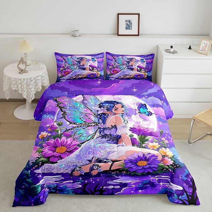 Erosebridal Fairy Girl Bedding Sets King - Flower Fairytale Comforter Set for Kids Adults Blue Butterfly Floral Decor Duvet Insert Purple Galaxy Moon Quilt