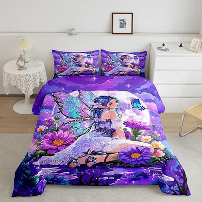 Erosebridal Fairy Girl Bedding Sets Full - Flower Fairytale Comforter Set for Kids Adults Blue Butterfly Floral Decor Duvet Insert Purple Galaxy Moon Quilt