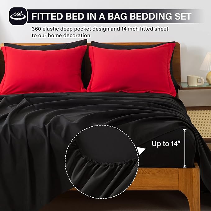 Cosybay Bed in a Bag Full Reversible Comforter Sets 7pcs All Season Down Alternative Bedding Sets Red and Black with Comforter, Pillow Shams, Flat Sheet, Fitted Sheet and Pillowcase