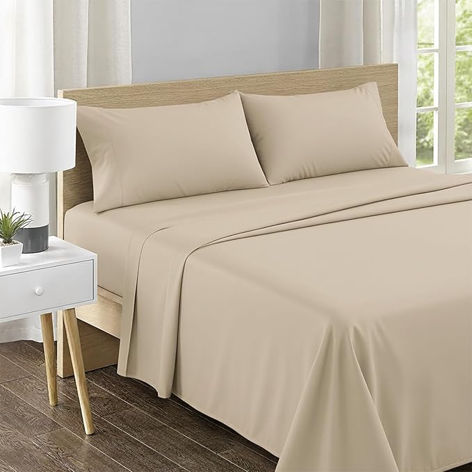Feather & Stitch 500 TC California King Size 4pc Damask Bed Sheet Set, 100% Soft Cotton Breathable Bedsheets, 18" Deep Pockets Sateen Weave Striped Bedding Mattress - (Champagne Beige)