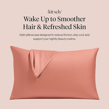 Kitsch Satin Pillowcase with Zipper for Hair & Skin - Softer Than Silk Pillow Cases, Smooth Cooling Satin Pillow Case, Wrinkle-Free, Machine Washable, Pillow Cases Standard Size 19x26 - Terracotta