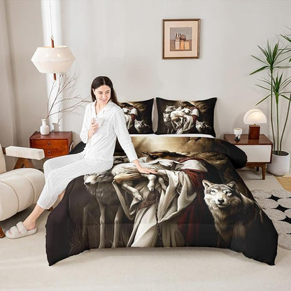 Castle Fairy Sheep and Wolf Comforter Set,Rustic Farmhouse Down Alternative Adults Bedroom Decor,Wildlife Animals Ultra Soft Microfiber Inner Fill 3Pcs Bedding Queen Size